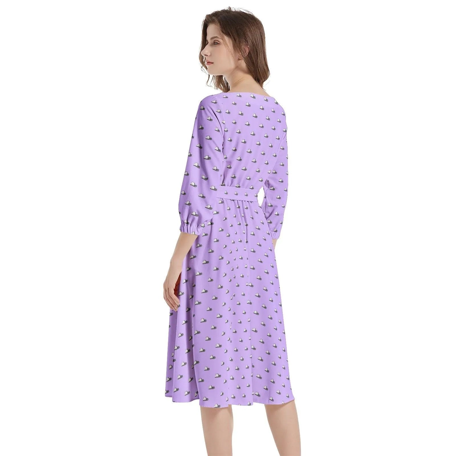 Dark Grey Casket On Light Purple - Boat Neck Belted Flared Dress 2XL Dark Grey Casket On Light Purple - Boat Neck Belted Flared Dress 2XL