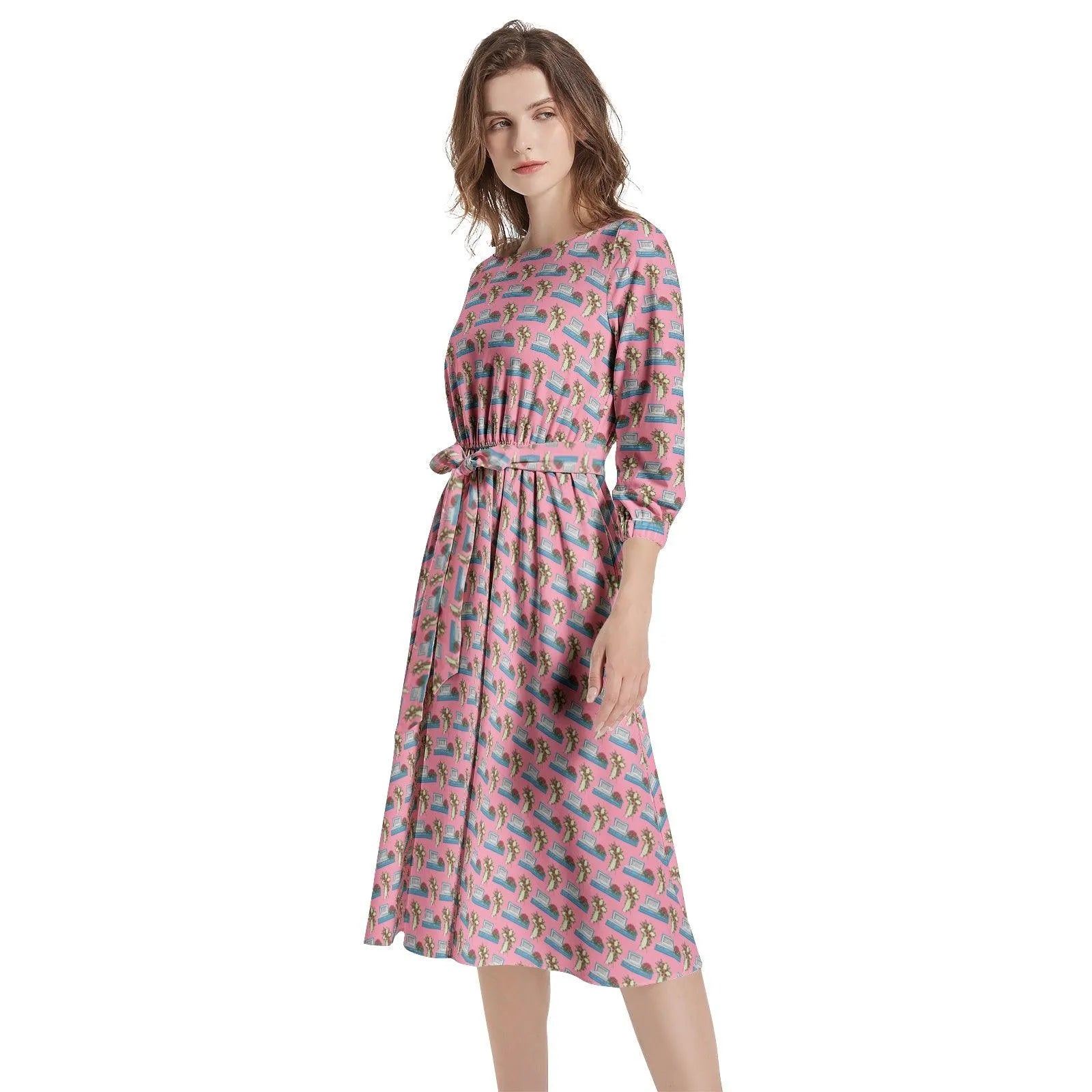 Light Blue Casket on Rose Pink - Boat Neck Belted Flared Dress 2XL Light Blue Casket on Rose Pink - Boat Neck Belted Flared Dress 2XL