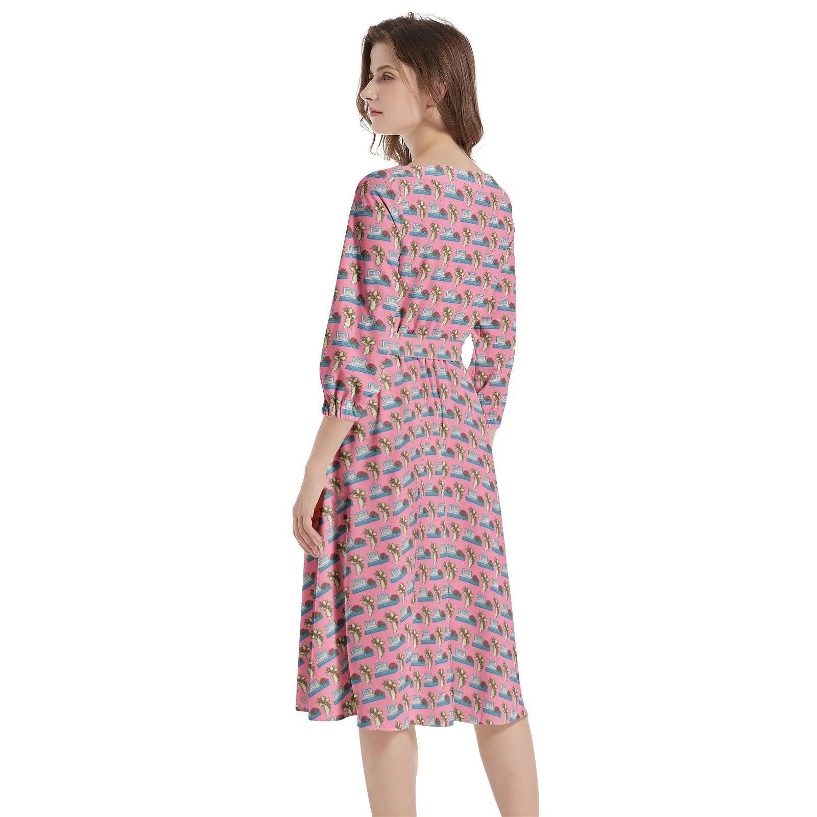 Light Blue Casket On Rose Pink - Boat Neck Belted Flared Dress 2XL Light Blue Casket On Rose Pink - Boat Neck Belted Flared Dress 2XL