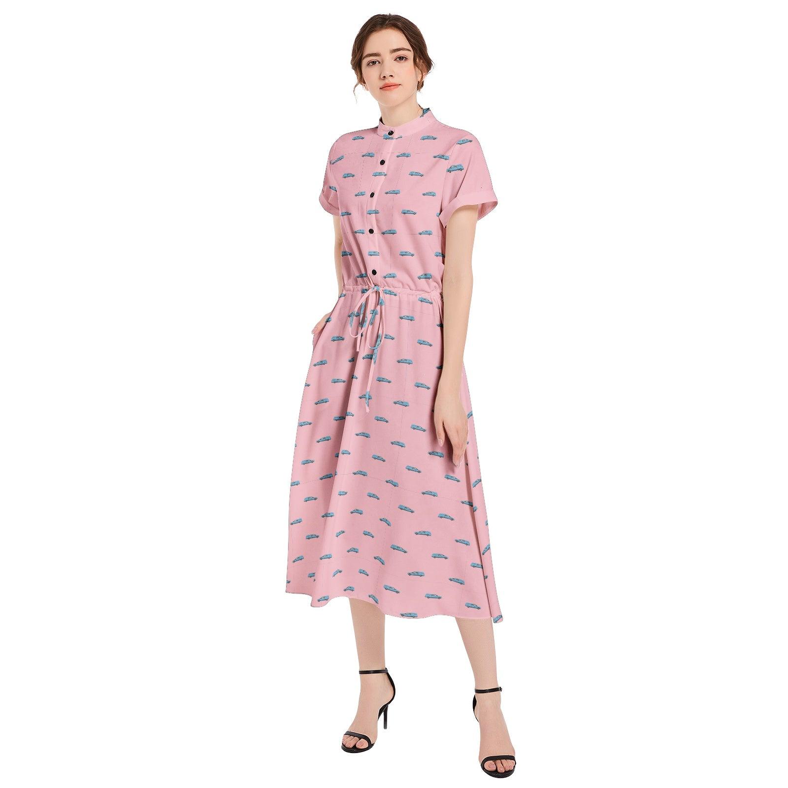 Light Blue Hearse on Pink - Waist A-line Flared Midi Dress M Light Blue Hearse on Pink - Waist A-line Flared Midi Dress M