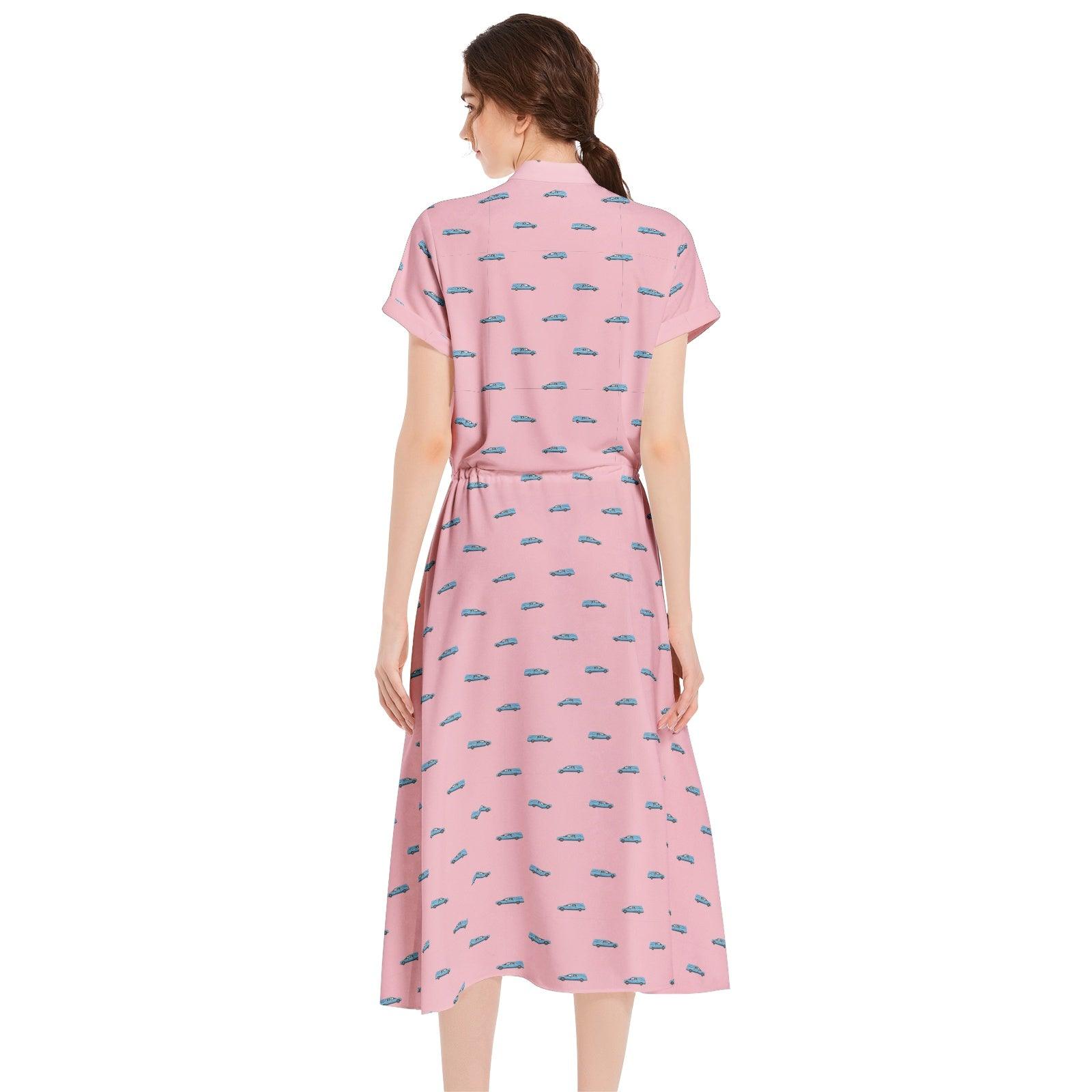 Light Blue Hearse on Pink - Waist A-line Flared Midi Dress M Light Blue Hearse on Pink - Waist A-line Flared Midi Dress M